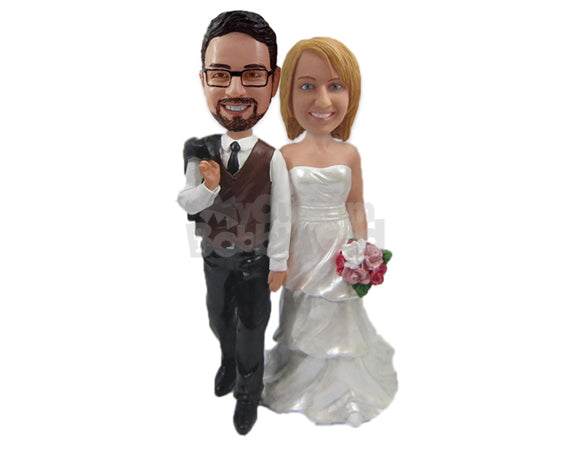 Bride & Groom in Trendy Wedding Attire, Groom Draping Jacket Over Shoulder Personalized Bobblehead Bride & Groom in Trendy Wedding Attire, Groom Draping Jacket Over Shoulder Personalized Bobblehead